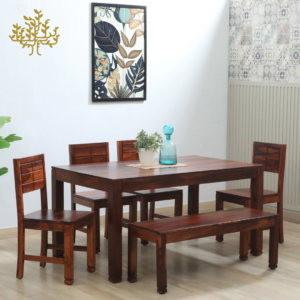 Lumber Park™ Teak Wood 6 Seater Dining Set In Honey Oak Finish With Bench