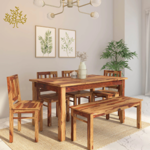 Lumber Park™ Teak Wood 6 Seater Dining Set In Rustic Teak Finish With Bench