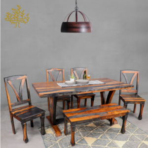 Lumber Park™ Teak Wood 6 Seater Dining Set In Vintage Black & Teak Finish with Bench
