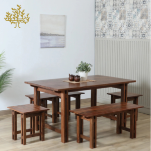 Lumber Park™ Teak Wood 6 Seater Dining Set In Scratch Resistant Rustic Teak Finish