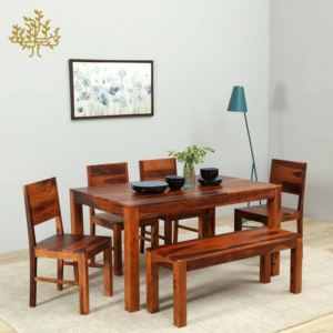 Lumber Park™ Teak Wood 6 Seater Dining Set In Scratch Resistant Honey Oak Finish With Bench